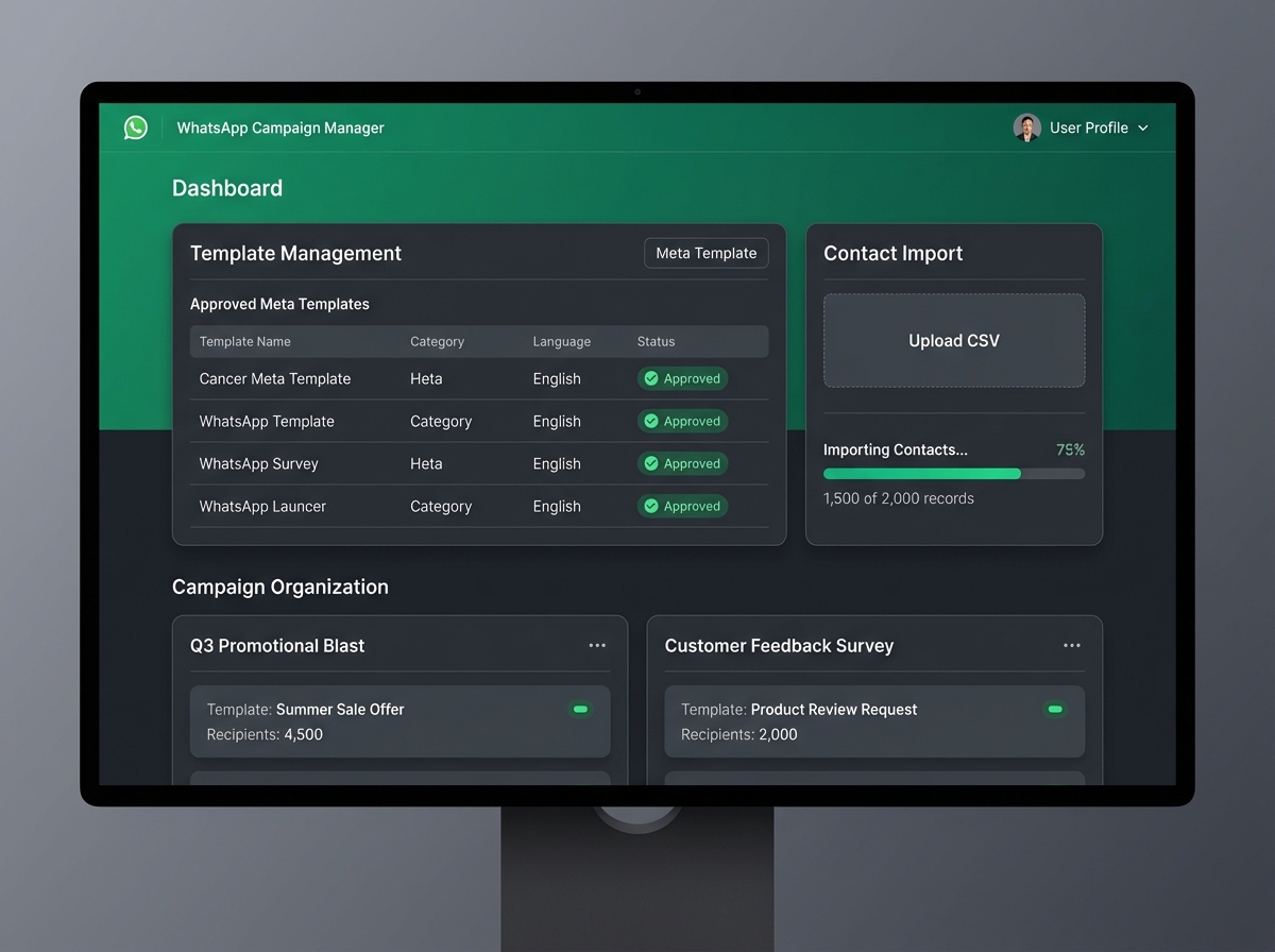 Interface de gerenciamento de templates e importação de contatos
